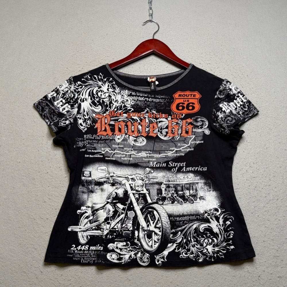 Big Bang U.S.A. Graphic Tee Women L Black Route 66 Motorcycle Y2K Rhinestone